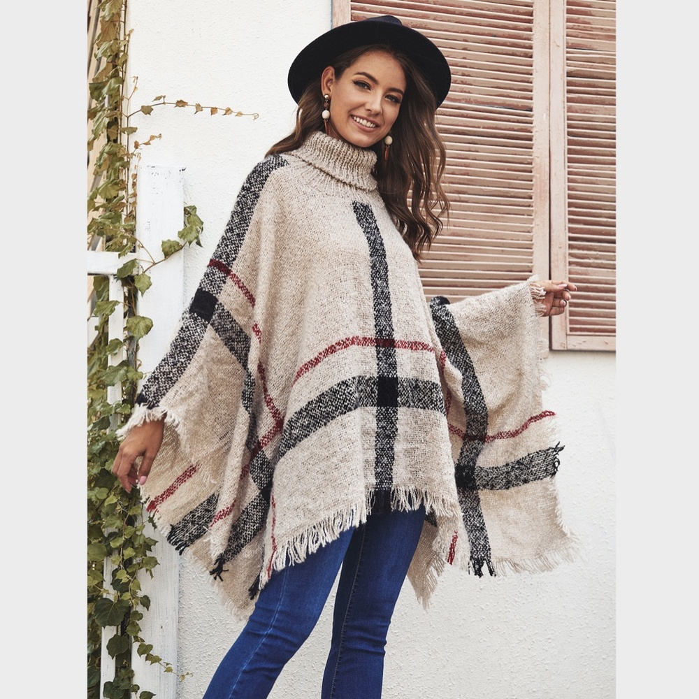 Plaid Beige Turtleneck Poncho - Picture 3 of 11